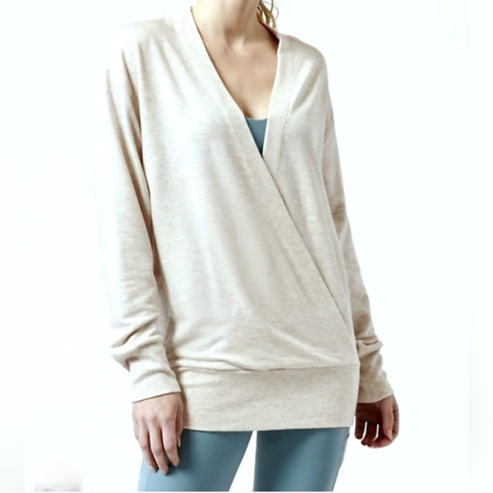 Athleta Purana V-Neck Wrap Sweatshirt Cardigan Cream Oatmeal Melange S Small